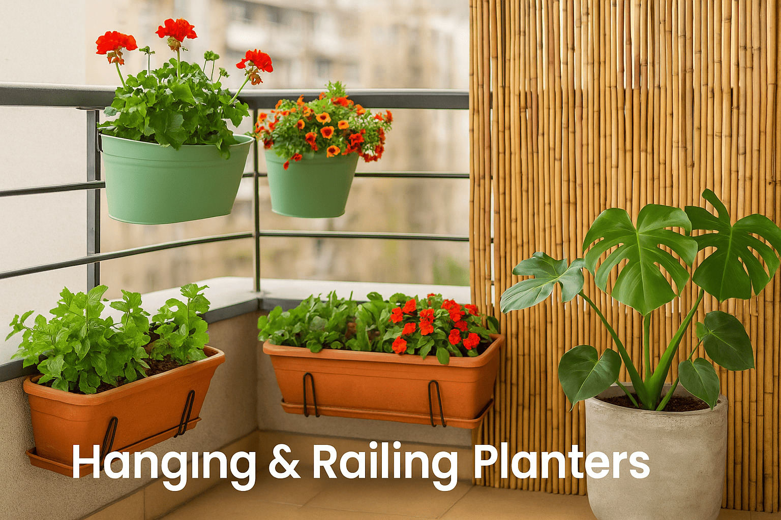 Balcony garden with hanging and railing planters filled with geraniums, herbs, and tropical plants — perfect for small space balcony gardening by Urban Plant
